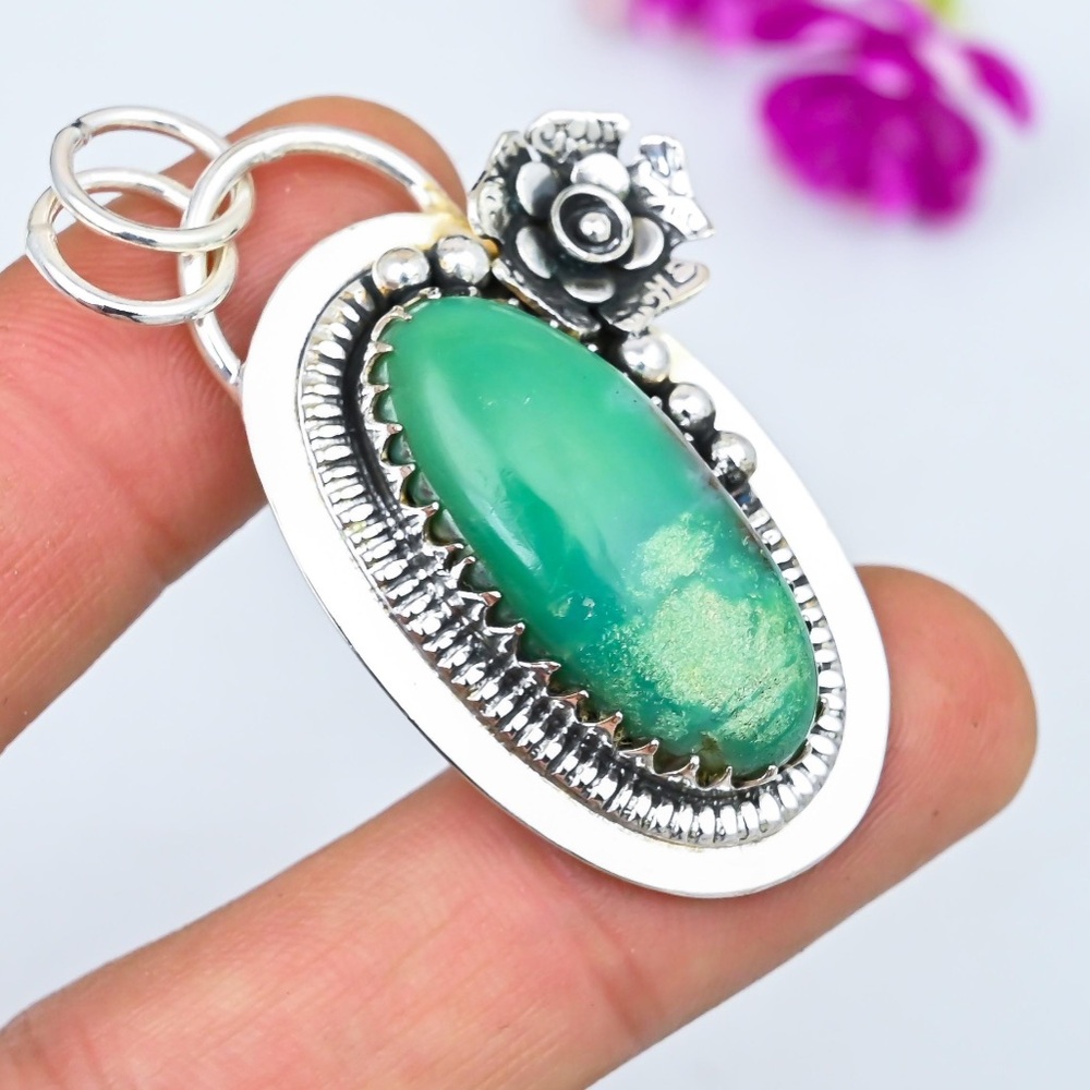 Stunning Natural Lemon Chrysoprase 925 Sterling Silver Pendant - Picture 4 of 6